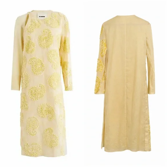 Jil Sander Yellow Embroidered Paisley Kaftan Midi Dress Cotton Sheer IT36 US 2 - Picture 2 of 15